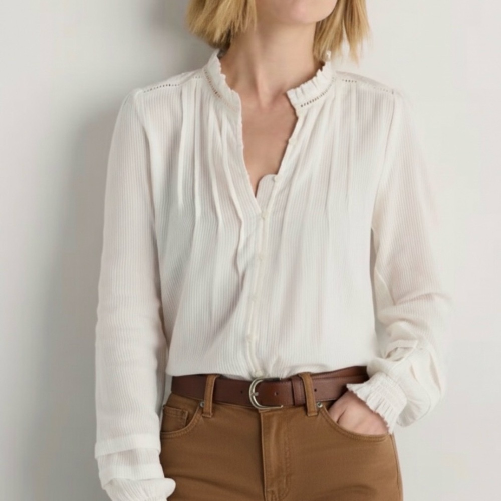 Quince women’s 100% organic cotton peasant blouse white top button front shirt S